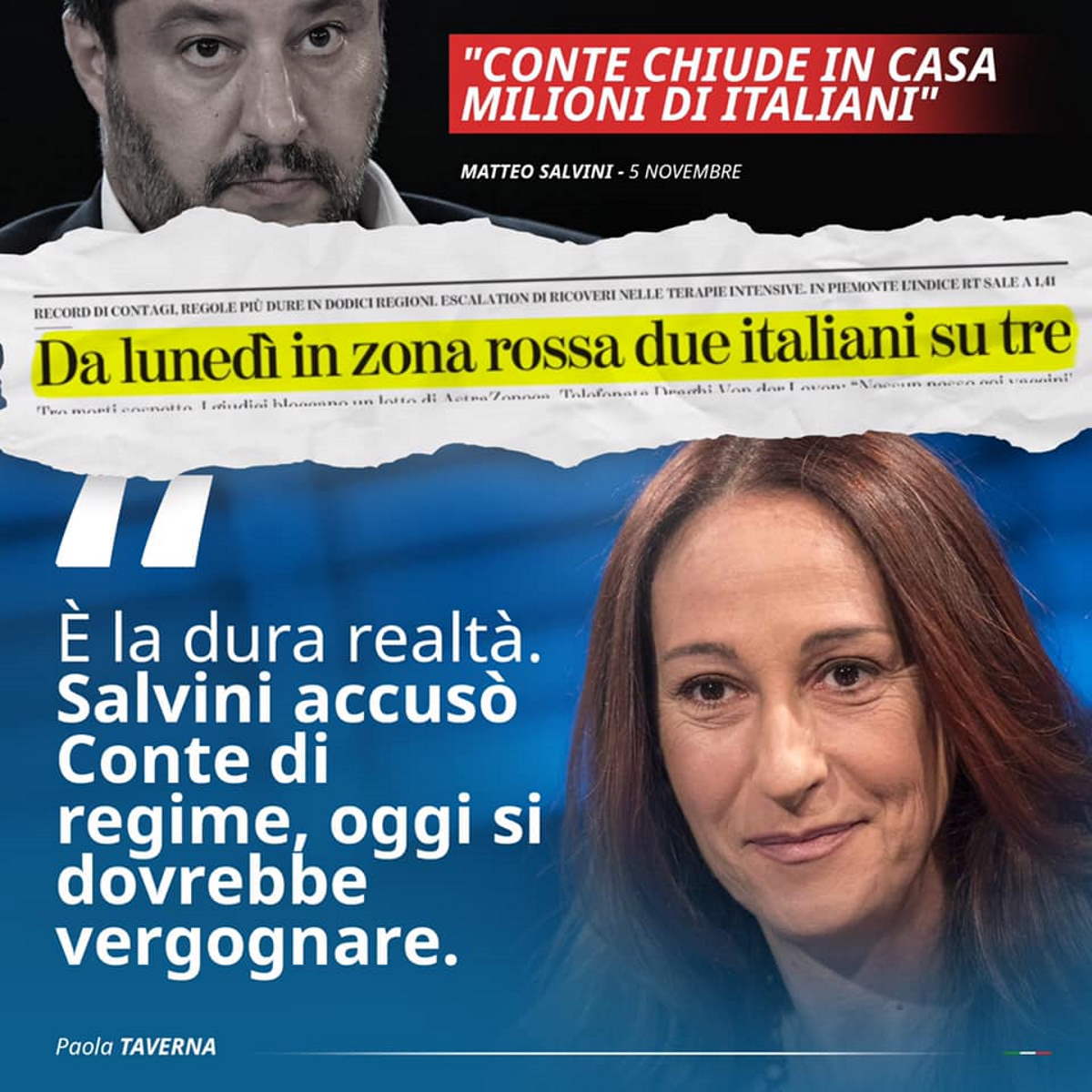 Covid: la senatrice Taverna ha ricordato a Salvini quando ha attaccato Conte per le chiusure, mentre adesso con Draghi tace