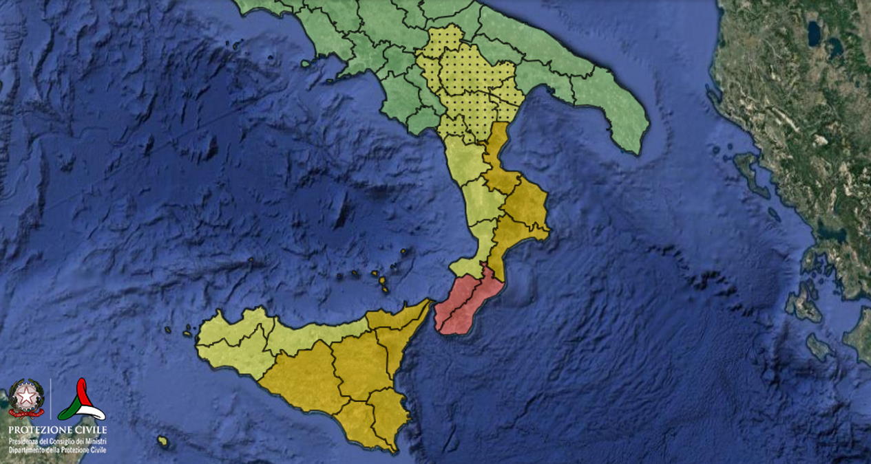 Protezione civile: allerta rossa per il maltempo in Calabria e Sicilia orientale per domenica 24 ottobre