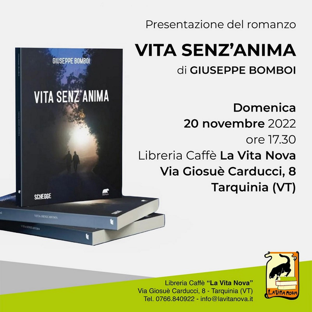 Tarquinia: La Vita Nova - Libreria Caffè, domenica 20 novembre ospita Vita senz'anima di Giuseppe Bomboi