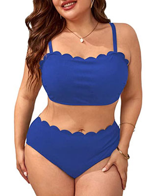 Plus Size Bikini Sets for Women High Waisted Two Piece Swimsuit Scalloped Trim Tie Front Bathing Suits