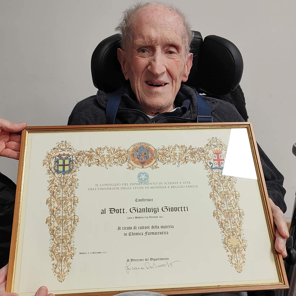 Il dott. Gianluigi Giovetti riconosciuto a 102 anni Cultore della materia in Chimica Farmaceutica