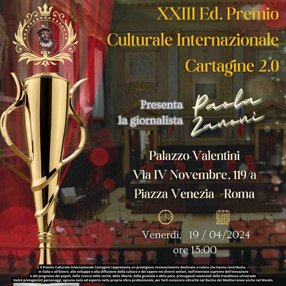 Roma: al via la XXIII edizione del Premio culturale internazionale Cartagine 2.0