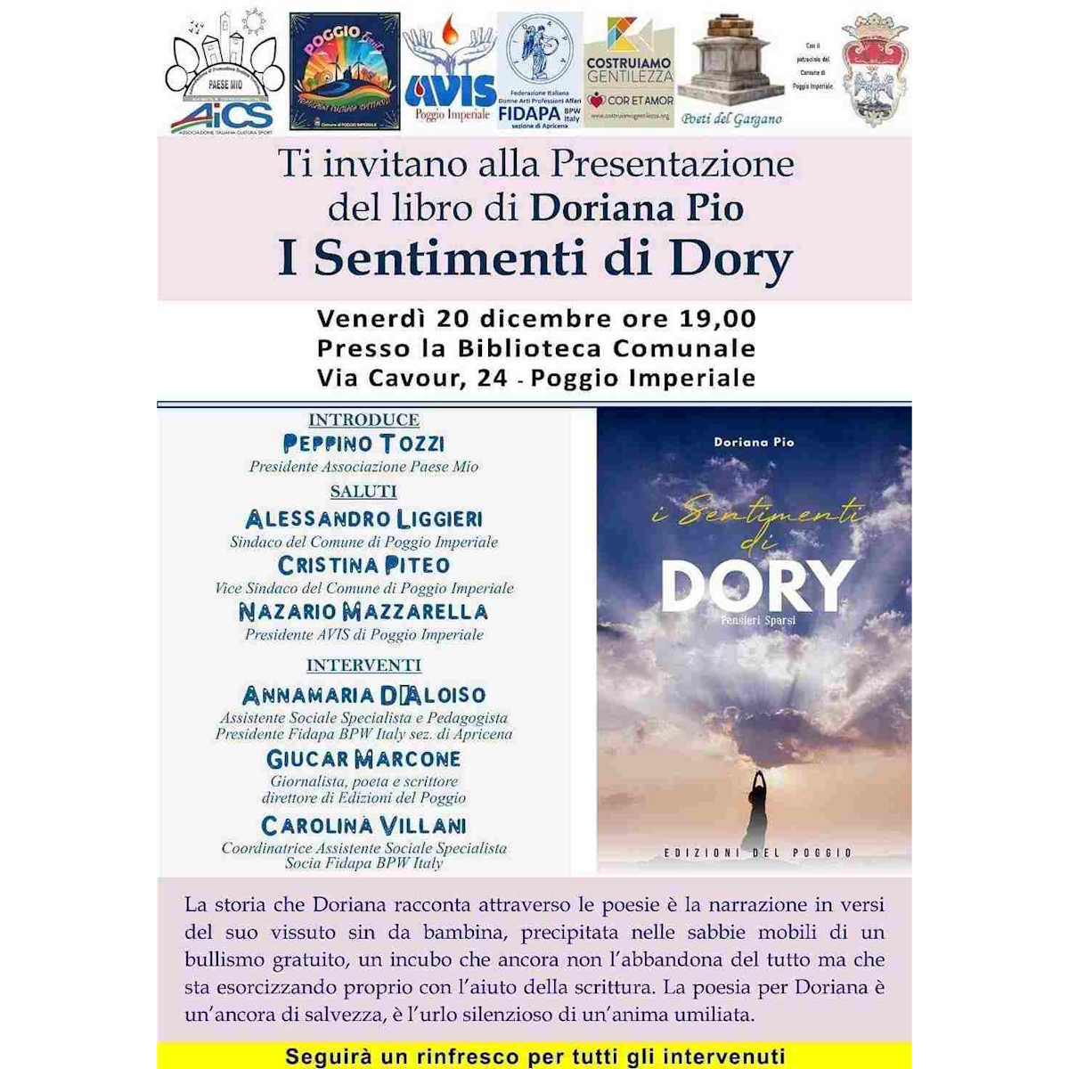 Presentazione del libro I sentimenti di Dory di Doriana Pio: un viaggio tra poesia e tematiche sociali