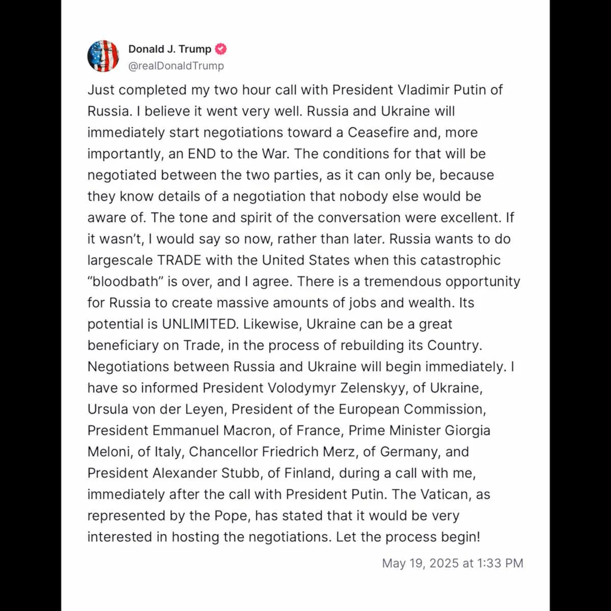 Trump annuncia imminenti negoziati tra Russia e Ucraina: È ora di fermare la guerra