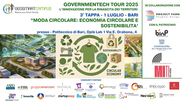 Moda circolare sostenibile: il Geosmartcampus a Bari il 1° luglio per la 3° tappa del Governmentech Tour 2025